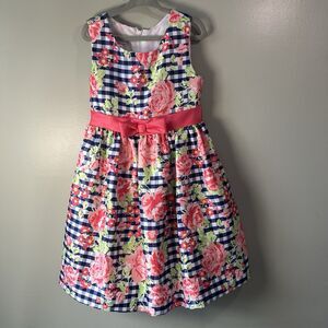 Bonnie Jean‎ Sleeveless Dress Blue Check W Pink Belt And Floral Accents, Size 6